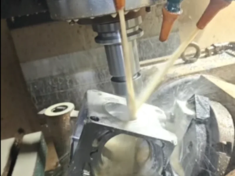 CNC milling with coolant spray on cylindrical part
