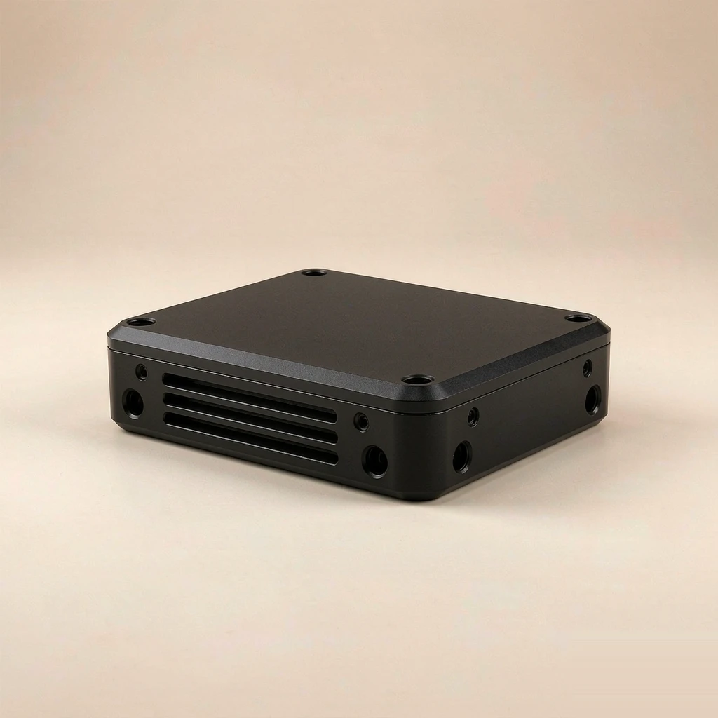 3D render of anodized aluminum enclosure with matte black finish