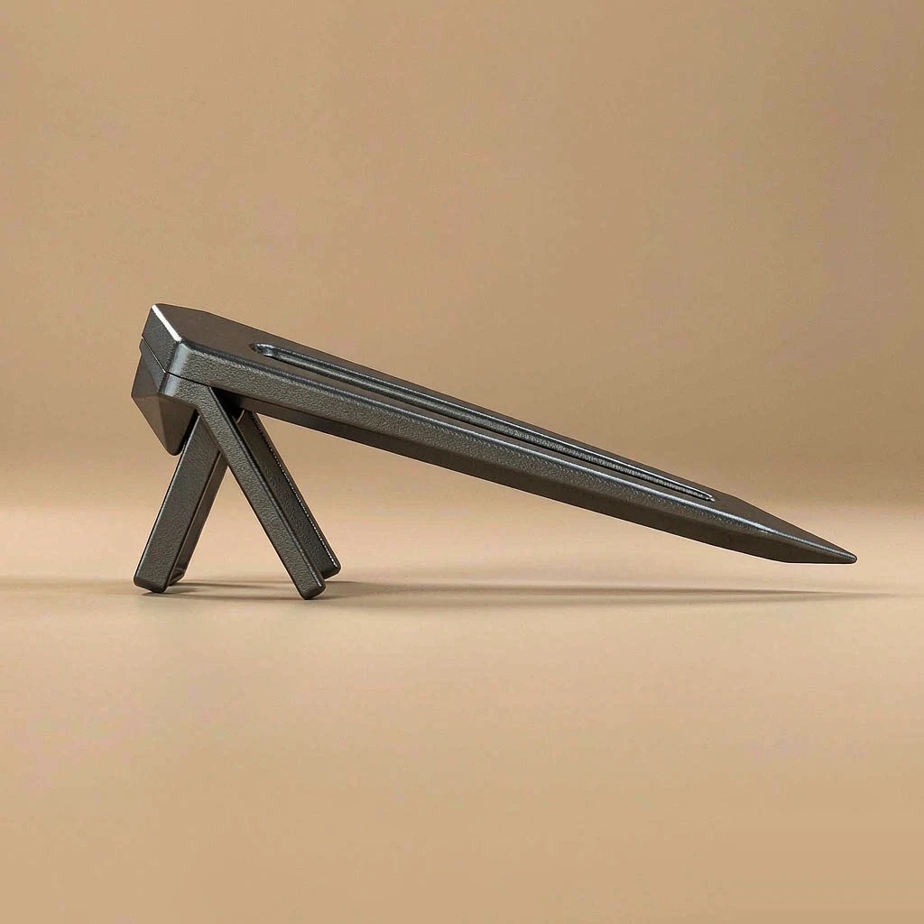 3D render of black oxide steel component, dark matte gunmetal finish