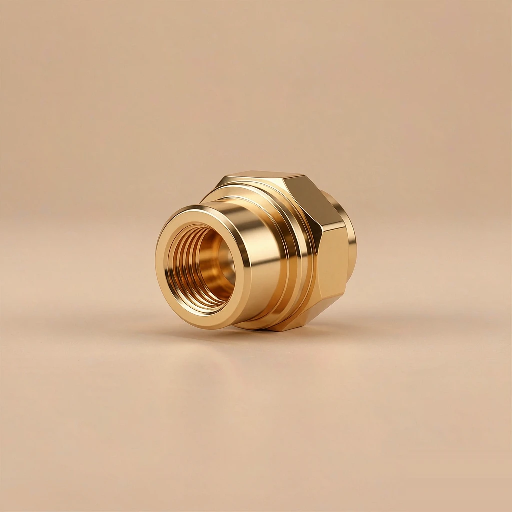 3D render of mirror polished brass fitting, highly reflective golden finish