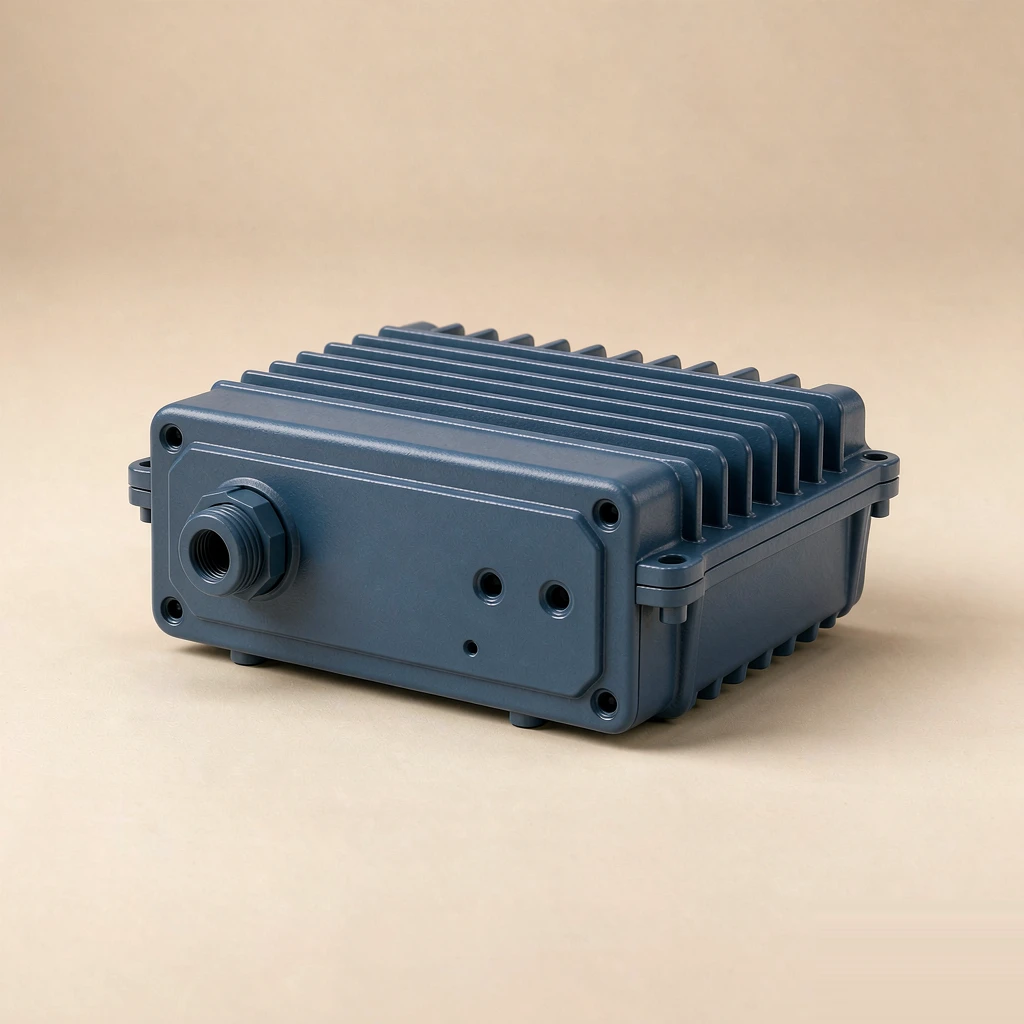 3D render of powder coated aluminum housing, matte blue RAL finish